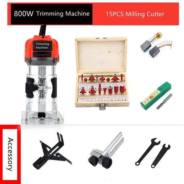 Wood Router, 800W, 30000rpm, 6.35mm, ABS, With Milling Cutter, Red