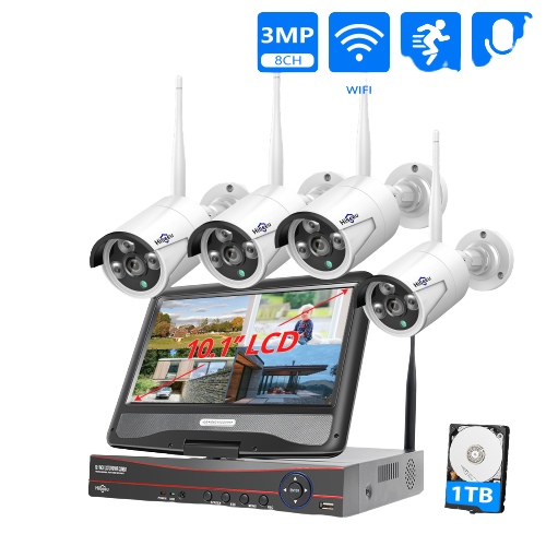 Wireless 8CH 3MP CCTV NVR Kit with Waterproof Cameras & 10.1" Monitor - Video Surveillance.