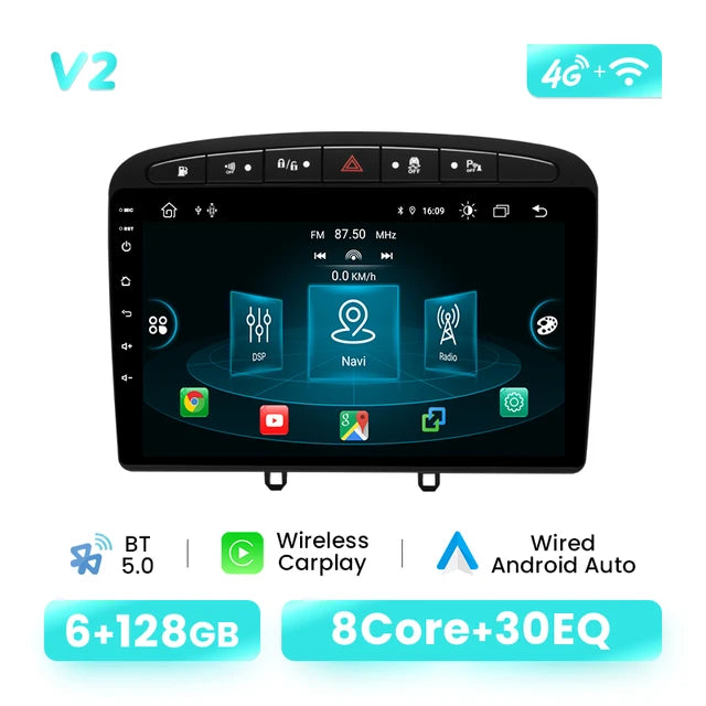 Wireless Speakers, , V2, 6GB+128GB, AI Voice, Carplay, Android 12, Multimedia, Peugeot 408 308 308S 2012-2020, GPS Autoradio, Wifi DSP RDS, Black, Standard Size