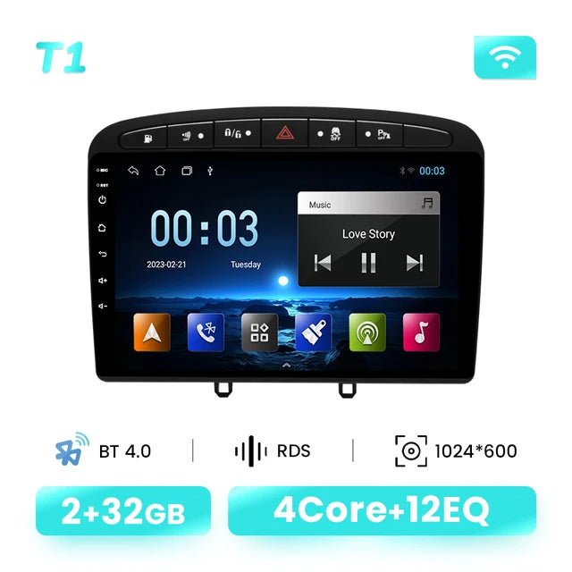 Wireless Speakers, , T1 (2GB 32GB), AI Voice, 8G+128G, Carplay, Android 12, Peugeot 408 308 308S 2012-2020, GPS, Autoradio, Wifi, DSP, RDS, Black.