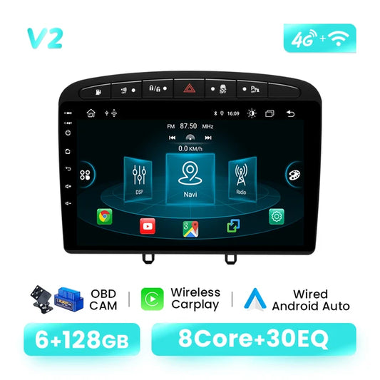 Wireless Speakers,  V2 OBD Cam, 8G+128G AI Voice Carplay Android 12 Multimedia for Peugeot 408 308 308S 2012-2020 GPS Autoradio Wifi DSP RDS, 6G 128G, Black.