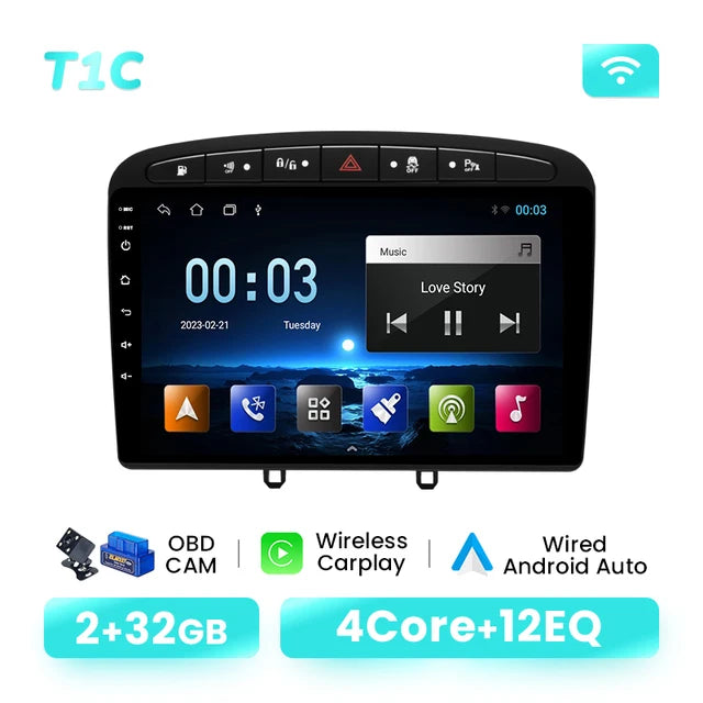 Wireless Speakers  T1C(2GB 32GB) Carplay Android 12 Multimedia For Peugeot 408 308 308S 2012-2020 GPS Autoradio DSP RDS Black 8G+128G AI Voice