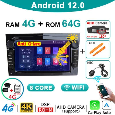 WiFi Controlled, CBL-B-4G64G-CP ZAHD, 8G+128G, Carplay Android 2 Din, Opel Astra H J Vectra Vauxhall Antara Zafira Corsa C D Vivaro Meriva Veda, Black, 1-2 representative characteristics.