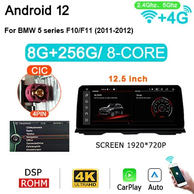 WiFi Controlled, Wondefoo HPL-CIC-12-8G256G, 8G 256G, 10.25'' Car Radio Android 12, BMW 5 Series F10 F11 520i 525i 528i, Intelligent System Carplay GPS