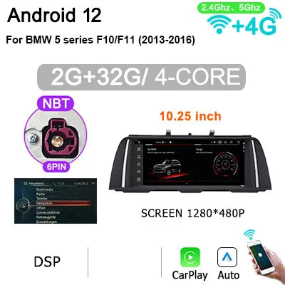 WiFi Controlled, HPL-NBT-2G32G, 10.25'' Car Radio Android 12 with Screen for BMW 5 Series F10 F11 520i 525i 528i, 8G 256G, Carplay GPS