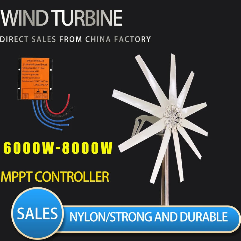 Wind Turbine, 48V, 10 blades, 10000W, 8KW, Free Energy, MPPT Controller, White, Standard Size.