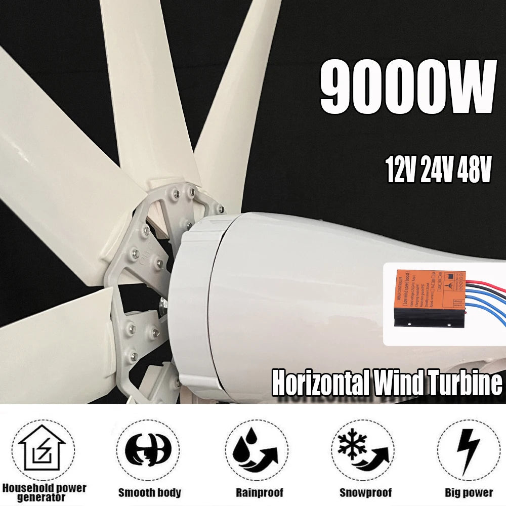 Wind Turbine Generator, 9000W, 8 blades, 48V, with mppt controller, White, One Size