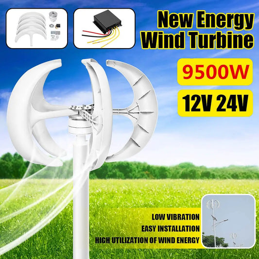 Wind Turbine, 9500W, 12V 24V, 5 Blades, Vertical Axis, Electromagnetic, Home Hybrids, Streetlight Use, Lantern Generator, Kit, Black, Size: Standard