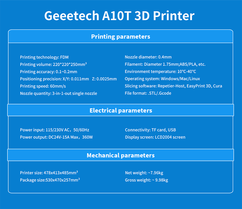 3D Printer, Geeetech, A20M, 220V, FDM, USB, 60mm/s, Black