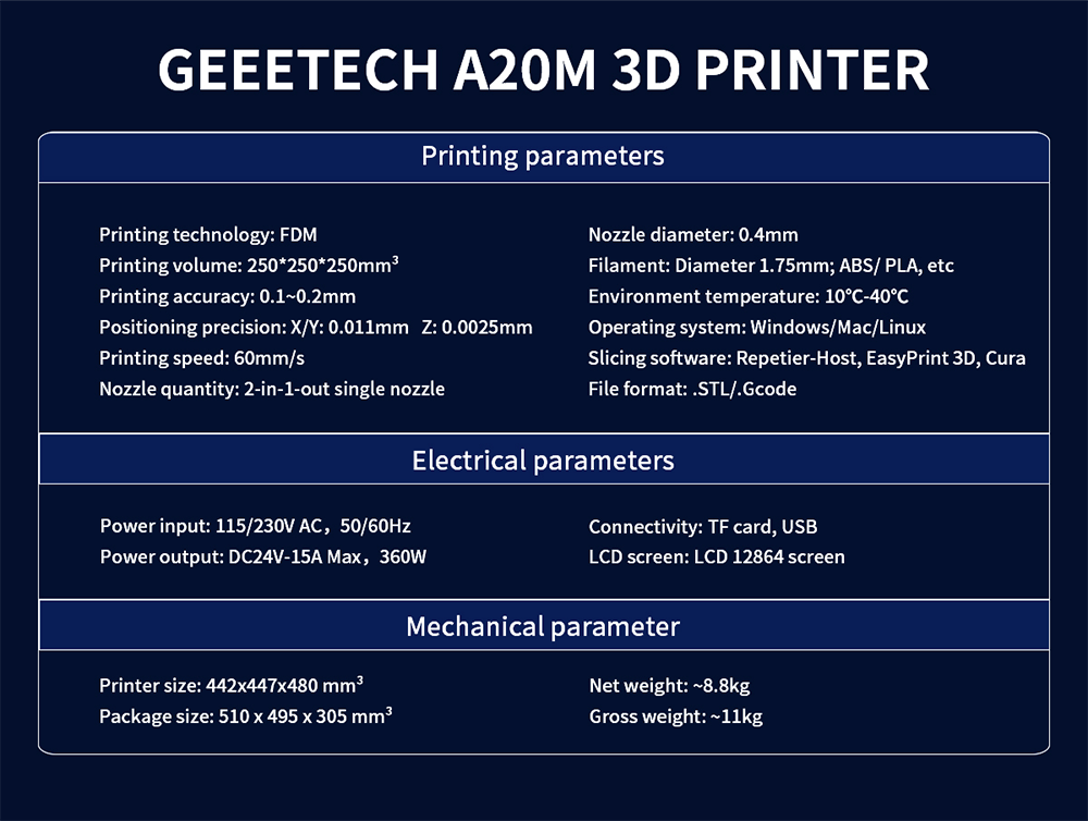 3D Printer, Geeetech, A20M, 220V, FDM, USB, 60mm/s, Black