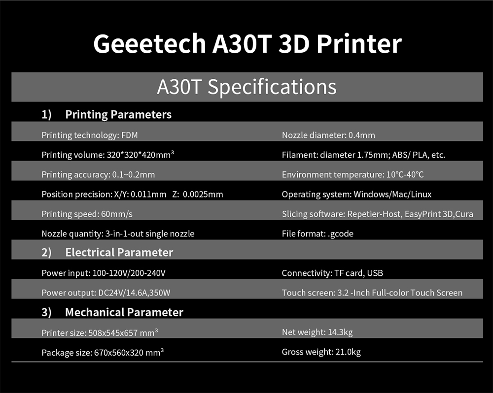 3D Printer, Geeetech, A10T, 220V, FDM, USB, 60mm/s, Black