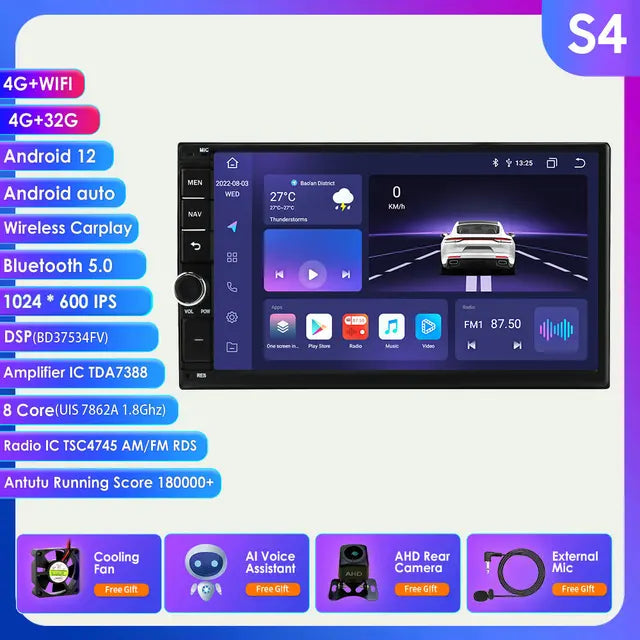 WiFi Controlled, S4 4G 32G AI AHDC2, Android 12, Universal Auto Stereo GPS MAP, Multifunctional, Black.