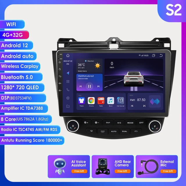 WiFi Controlled, 10.1inch-S2 AHD1 AI, Android 12 Car Radio 2din GPS Stereo Navi Multimedia Player, Honda ACCORD 7, 2003-2007, Carplay, Black, 10.1inch.