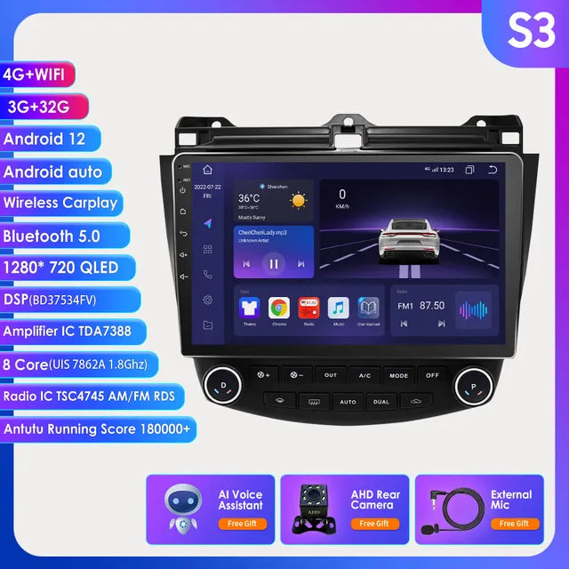 WiFi Controlled, 10.1inch-S3 AI AHD1, Android 12 Car Radio, GPS Stereo Navi Multimedia Player, Honda ACCORD 7, 2003 2004 2005 2006 2007, Carplay, 10.1", Black