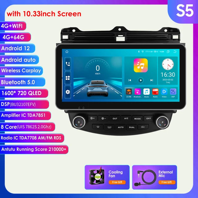 WiFi Controlled, 10.33INCH-S5, Android 12, Car Radio 2din GPS Stereo Navi Multimedia Player, Honda ACCORD 7 2003 2007, Autoradio 10"1, Carplay, Black, 10.33"