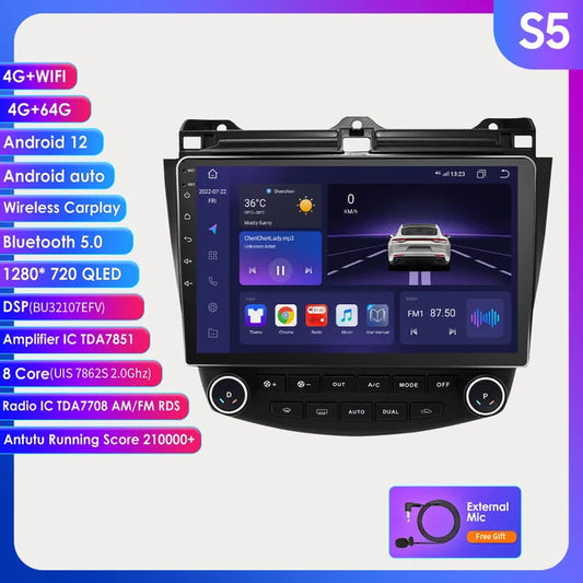 WiFi Controlled, S5 Car Radio 2din GPS Stereo Navi Multimedia Player, Android 12, Honda ACCORD 7, 10.1inch Screen Size, Carplay