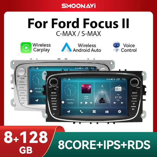 Wireless Speakers, , Android 12 Car Radio, CarPlay, DSP, 6GB RAM, 128GB ROM, Ford Focus 2 3 mk2 Mondeo 4 Kuga Fiesta Transit Connect S-MAX C-MAX Galaxy, Black, One Size