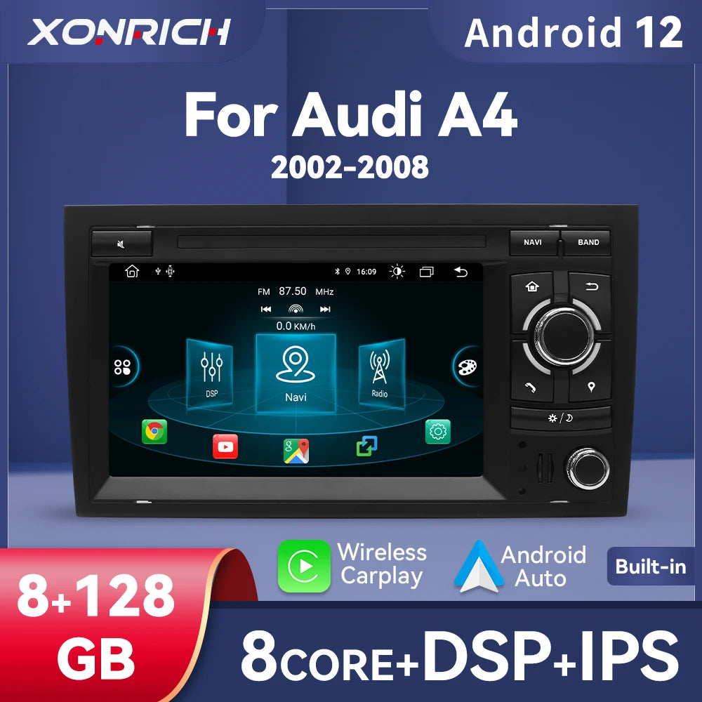 Wireless Speakers, , Android 12, 8G 128G, Audi A4 B8 B6 B7 S4 RS4 SEAT Exeo, 7" Navigation AutoRadio T1, Black, Size 7"