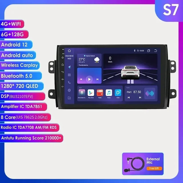 WiFi Controlled, S7-6G, 128G-8cores, Android Car Radio, Suzuki SX4 2006-2013 Fiat Sedici 2005-2014, Multimedia Video Player Navigation, 2din Carplay Stereo BT, Black/Gray, Standard Size.