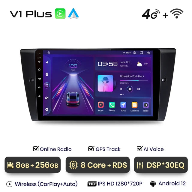 WiFi Controlled, V1 Plus, 8GB-256GB, BMW 3-Series E90 E91 E92 E93, CarPlay Android Auto, Intelligent System, No 2 din, DVD