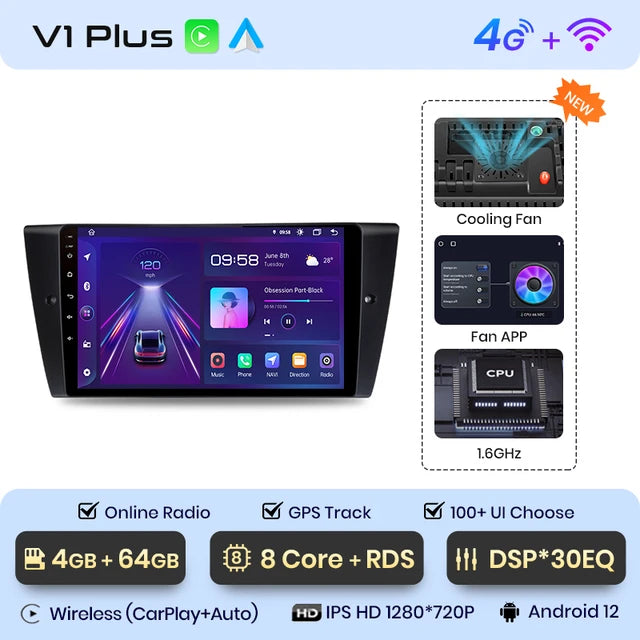 WiFi Controlled, V1 Plus, 4GB-64GB, Car Radio, BMW 3-Series E90 E91 E92 E93, wireless CarPlay Android Auto, intelligent systems, No 2 din, DVD