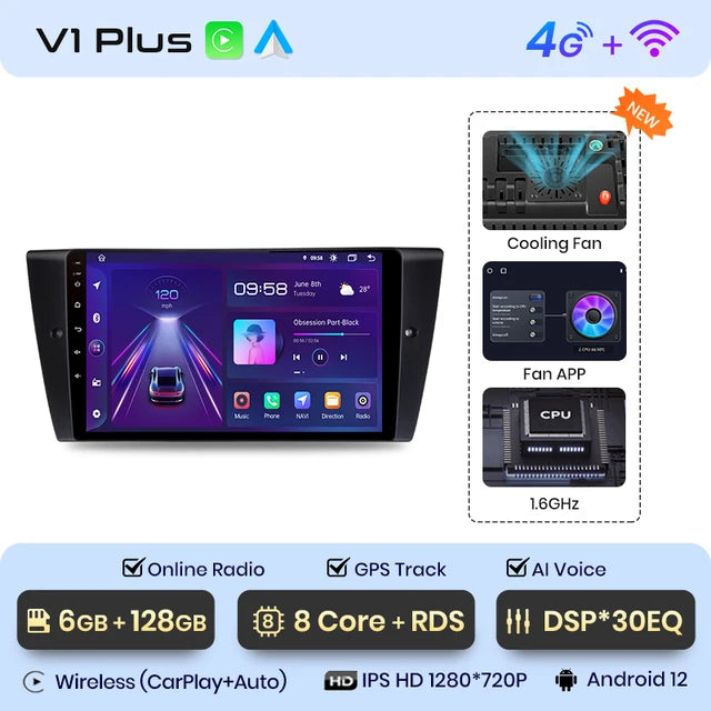 WiFi Controlled, V1 Plus, 6GB-128GB, Car Radio, BMW 3-Series E90 E91 E92 E93, CarPlay Android Auto, Intelligent Systems, No 2din DVD, Color: N/A, Size: N/A