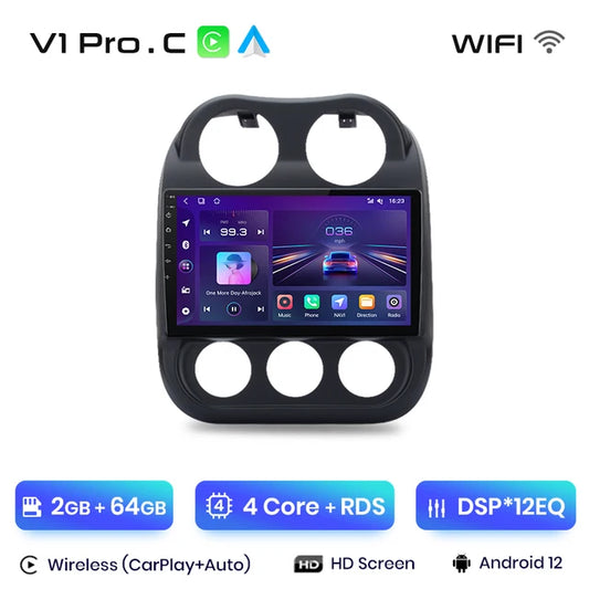 WiFi Controlled, V1 Pro.C, 2GB-64GB, Car Radio, JEEP Compass Patriot 2010-2016, wireless CarPlay Android Auto, intelligent systems, No 2 din DVD