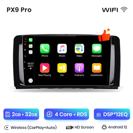 WiFi Controlled,  PX9 Pro, Car Radio Mercedes Benz R Class W251 2005-2017, CarPlay Android Auto intelligent systems, No 2din, Black, 2-32