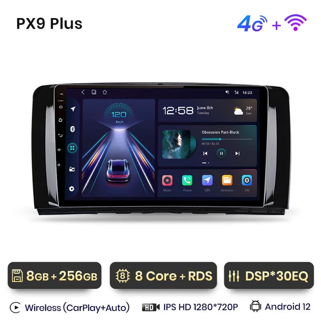 WiFi Controlled, PX9 Plus, Car Radio, Mercedes Benz R Class W251, wireless CarPlay Android Auto, intelligent systems, No 2 din, 8-256, Color: N/A, Size: N/A.