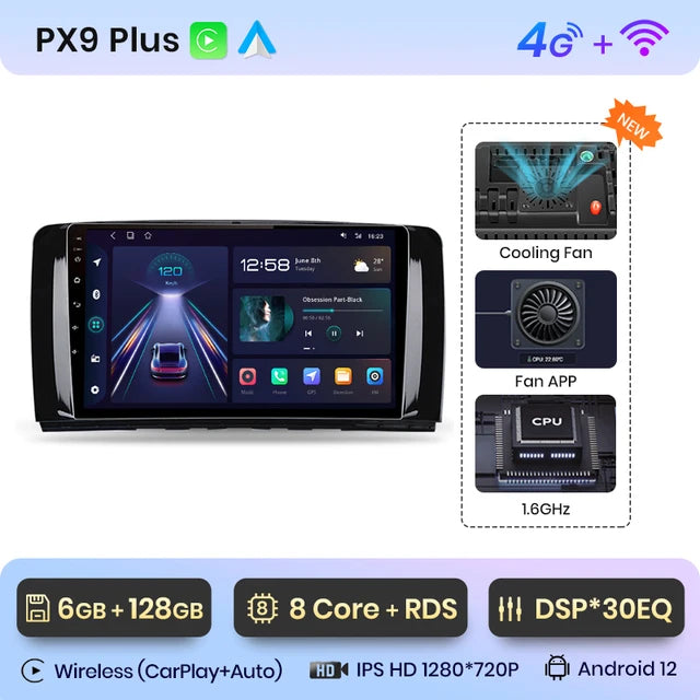 WiFi Controlled, PX9 Plus, Car Radio, Mercedes Benz R Class W251 2005-2017, CarPlay Android Auto, wireless, intelligent system, Not 2 din, Black, 6-128, Size