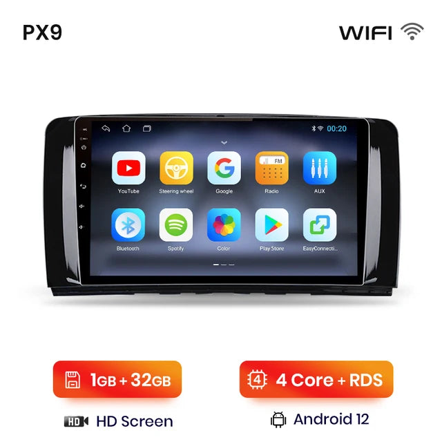 WiFi Controlled, PX9, Car Radio, Mercedes Benz R Class W251 2005 - 2017, wireless CarPlay Android Auto intelligent system, No 2 din, Black.