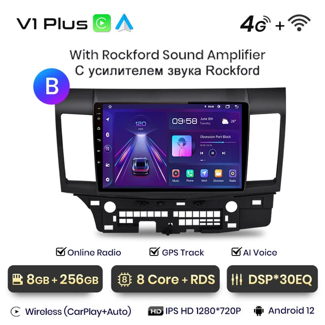 WiFi Controlled, V1 Plus, 8GB-256GB, Car Radio, Mitsubishi Lancer 2007-2013, wireless CarPlay Android Auto, intelligent systems, No 2 din, DVD, B, Black, Size.