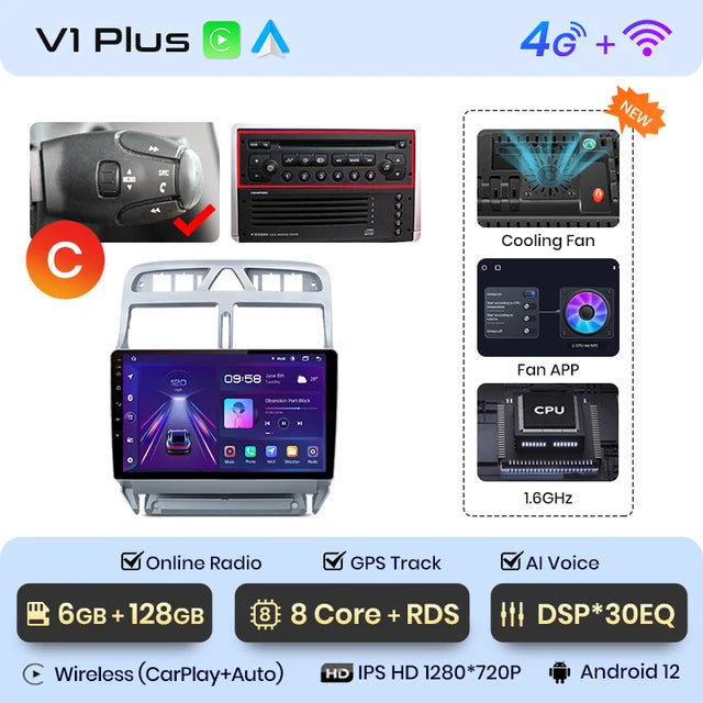 WiFi Controlled, V1 Plus, 6GB-128GB, Car Radio, Peugeot 307 307CC 307SW, 2002-2013, wireless CarPlay Android Auto, intelligent systems, No 2 din, DVD