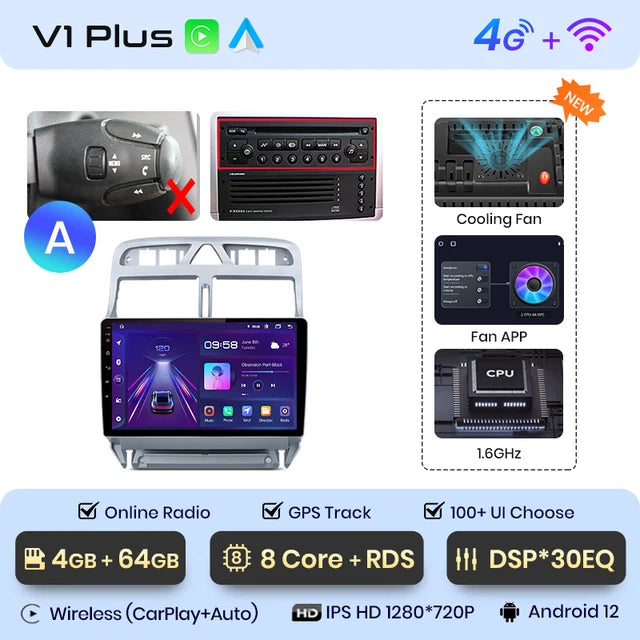 WiFi Controlled, V1 Plus, 4GB-64GB, Car Radio for Peugeot 307 307CC 307SW 2002-2013, wireless CarPlay Android Auto, car intelligent system, No 2 din 2din DVD, Color: N/A, Size: N/A