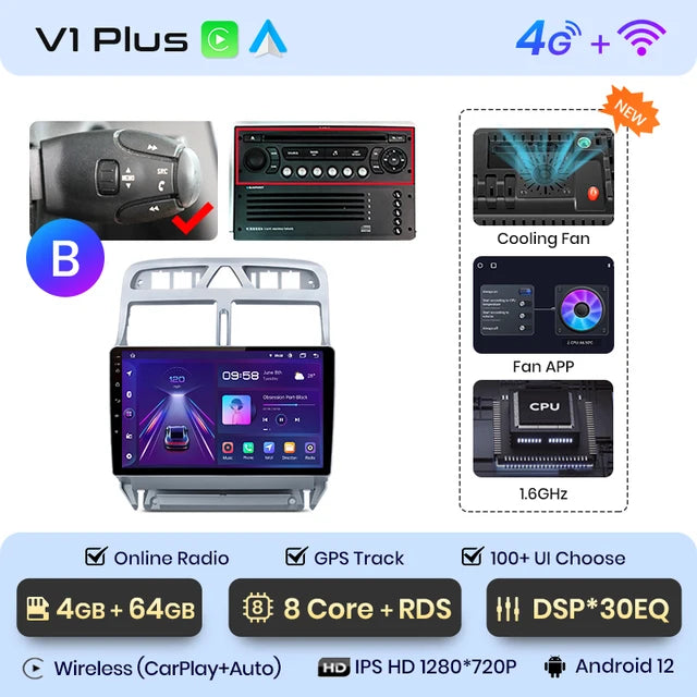 WiFi Controlled, V1 Plus, 4GB-64GB, Car Radio, Peugeot 307 307CC 307SW 2002-2013, wireless CarPlay Android Auto, intelligent systems, No 2 din, 2din DVD, Black, Size (unspecified)