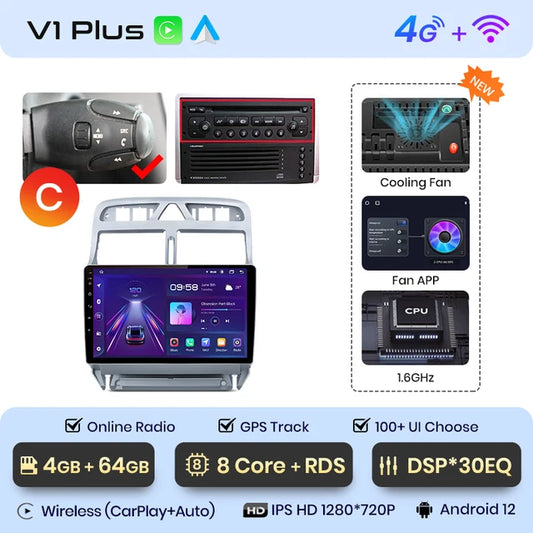 WiFi Controlled, V1 Plus, 4GB-64GB, Car Radio, Peugeot 307 307CC 307SW 2002-2013, wireless CarPlay Android Auto intelligent systems, No 2 din DVD, Color: [insert color], Size: [insert size]