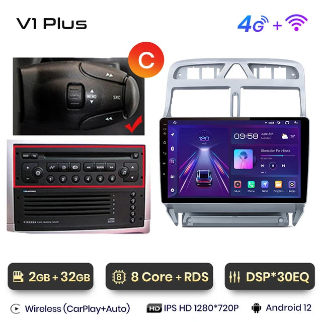 WiFi Controlled, V1 Plus, 2GB-32GB, Car Radio, Peugeot 307 307CC 307SW 2002-2013, wireless CarPlay Android Auto, intelligent systems, No 2 din, DVD