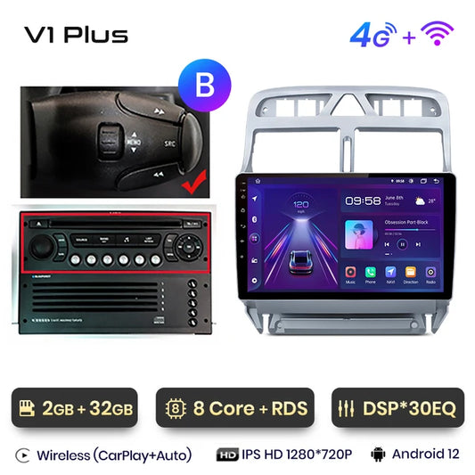 WiFi Controlled, V1 Plus, 2GB-32GB, Car Radio, Peugeot 307 307CC 307SW 2002 - 2013, wireless CarPlay Android Auto, intelligent systems, No 2 din DVD