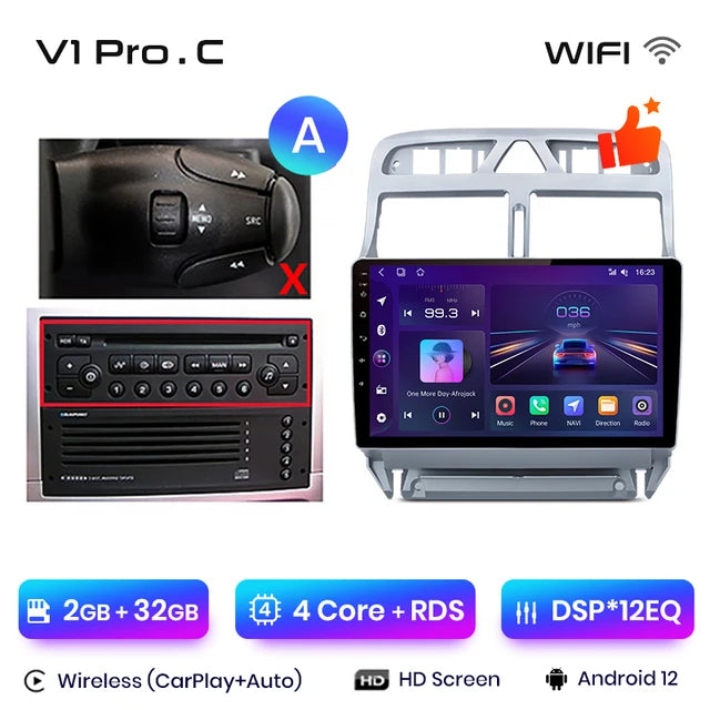 WiFi Controlled, V1 Pro.C, 2GB-32GB, Car Radio, Peugeot 307 307CC 307SW 2002 - 2013, wireless CarPlay Android Auto, intelligent systems, No 2 din, DVD