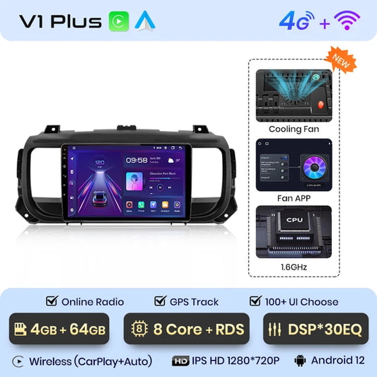 WiFi Controlled, V1 Plus, 4GB-64GB, Car Radio, Peugeot Expert 3 Citroen Jumpy 3 SpaceTourer 2016-2021, wireless CarPlay Android Auto, No 2 din DVD