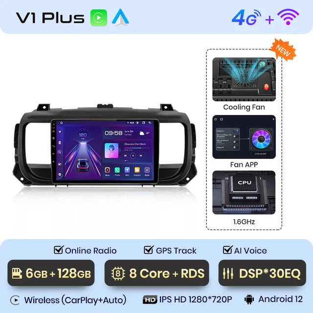 WiFi Controlled,  V1 Plus, Peugeot Expert 3 Citroen Jumpy 3 SpaceTourer 2016 - 2021, 6GB-128GB, CarPlay Android Auto, No DVD