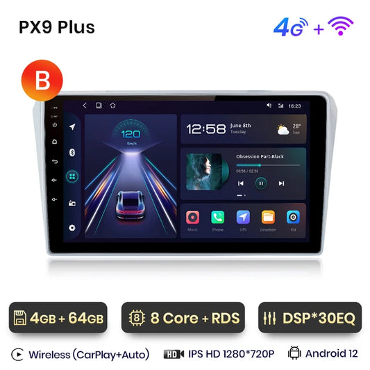 WiFi Controlled, PX9 Plus (4-64), Car Radio, Toyota Avensis T250, CarPlay Android Auto, Intelligent System, No DVD, Black, 2 Din