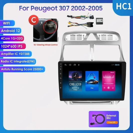 WiFi Controlled, HC1, 4cores 1G 32G, Central Multimedia Android Automotive mp5 2 Din, Peugeot 307 307CC 307SW 2002-2013, Stereo GPS Navigation, Carplay DSP BT, Black