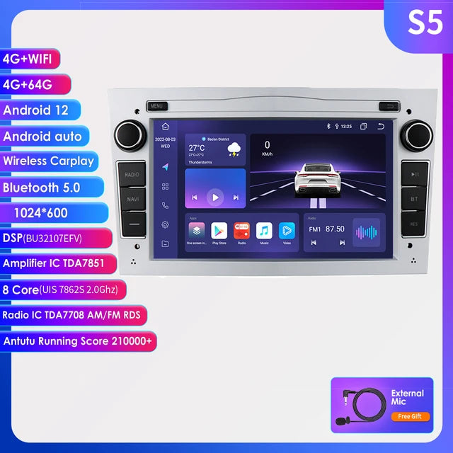 WiFi Controlled, S5 8Core 4G 64G, DSP, Carplay, Android, 2Din Car Radio GPS, Opel Astra H J 2004 Vectra Vauxhall Antara Zafira Corsa C D Vivaro Meriva Veda Stereo