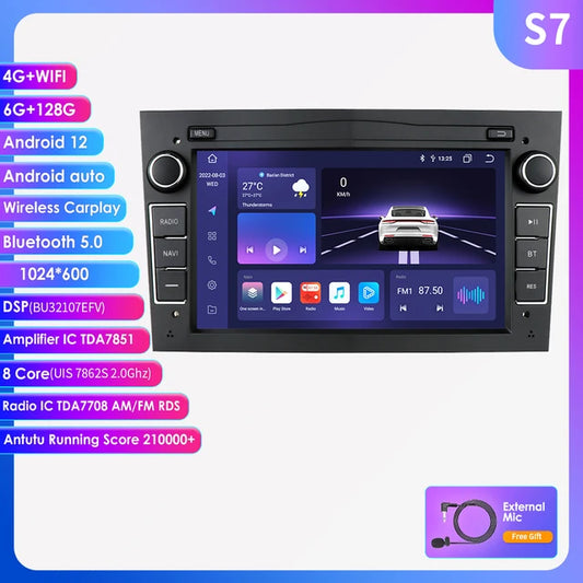 WiFi Controlled, S7 8Core, 6G RAM, 128G storage, Black, 2Din, Opel Astra H J 2004 Vectra Vauxhall Antara Zafira Corsa C D Vivaro Meriva Veda Stereo