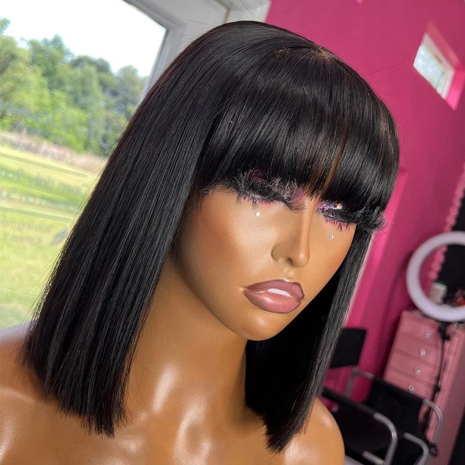 Wigs, Brazilian Human Hair, Full Machine Made, Glueless, Straight Bob, With Bangs, Black, Short.