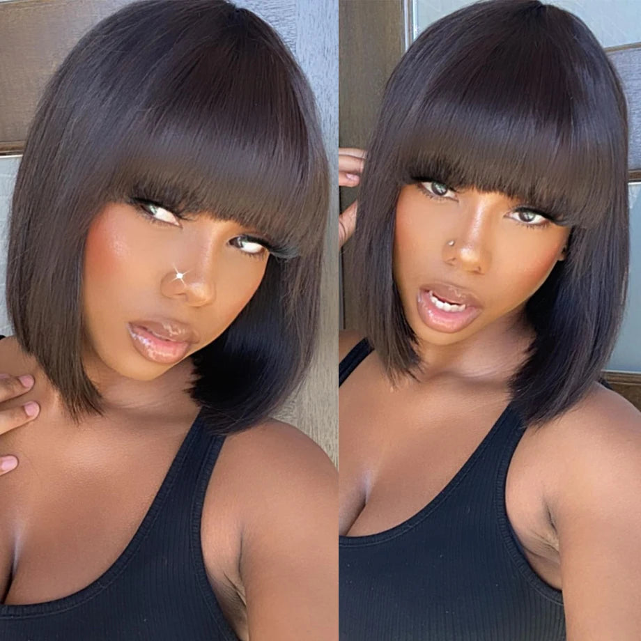 Wigs, Brazilian Human Hair, Full Machine Made, Glueless, Straight Bob, With Bangs, Black, Short.