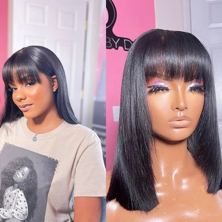 150 Full Machine Made Wigs Human Hair Brazilian Glueless Wig Straight Short Bob with Bang, No Gel, Black, Universal Size.