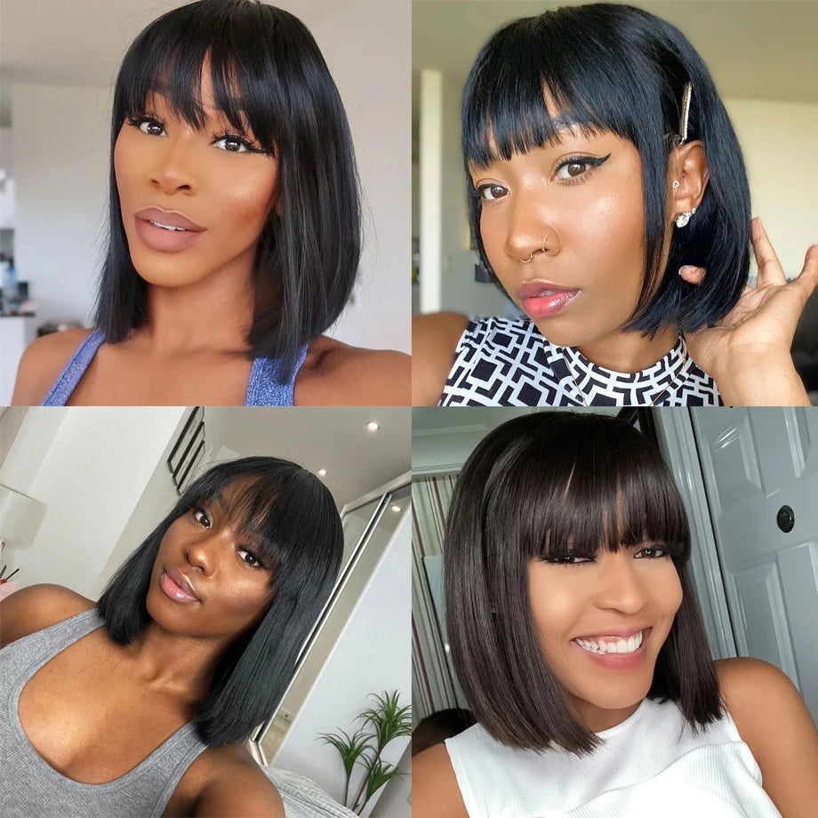 Wigs, Brazilian Human Hair, Full Machine Made, Glueless, Straight Bob, With Bangs, Black, Short.