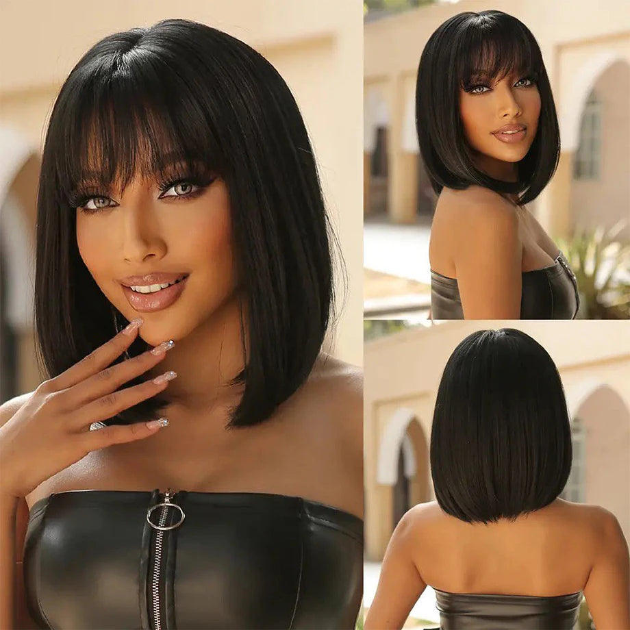 150 Full Machine Made Wigs Human Hair Brazilian Glueless Wig Straight Short Bob with Bang, No Gel, Black, Universal Size.